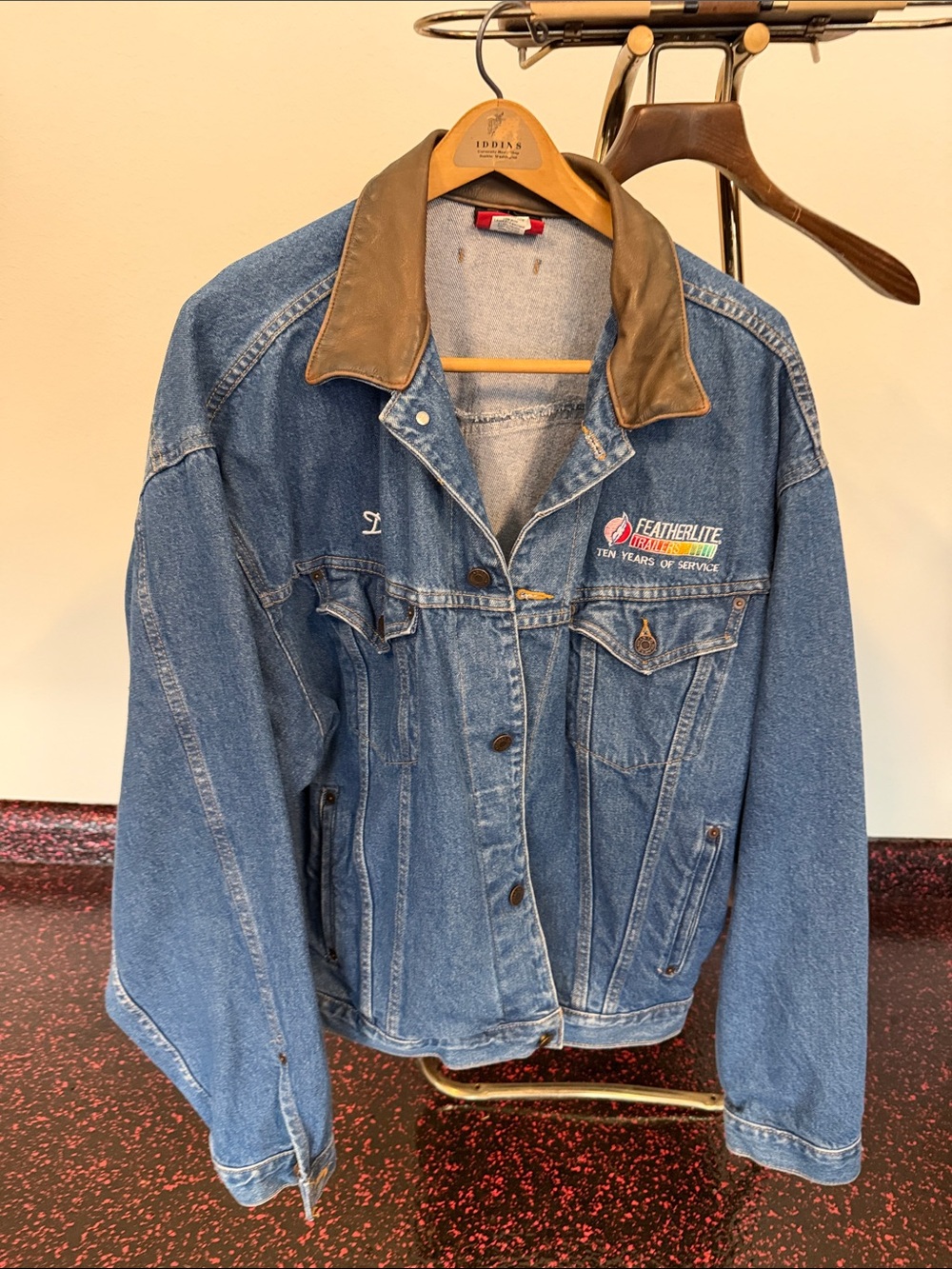 Blue Denim Jacket with Brown Leather Collar
